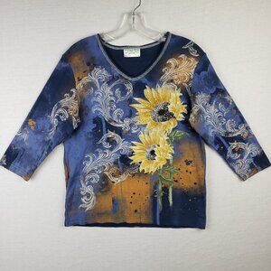 Vintage Y2K Cactus Bay Top Tee Shirt Floral Sunflower Print Bedazzled Bling sz L
